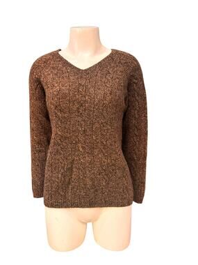 Vintage Wool Chocolate Brown Sweater Marled Knit V Neck Fitted Sweater XS/S -